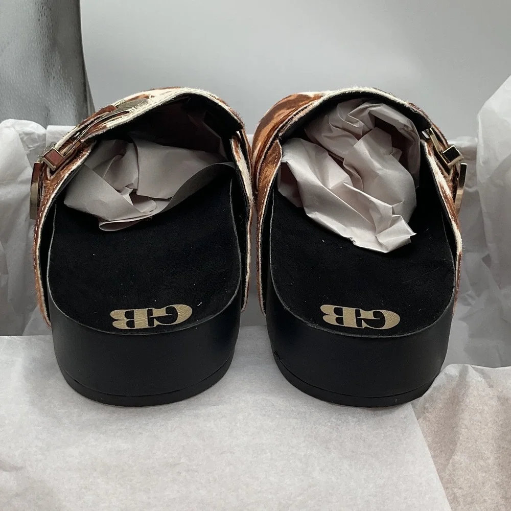Gianni Bini Cow Print Hair Calf Western Buckle Clogs Mules Brown White 8.5M - Picture 6 of 9